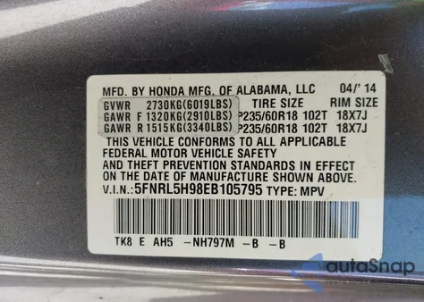 2014 Honda Odyssey Touring/Touring Elite z USA, uszkodzony, nr VIN 5FNRL5H98EB105795